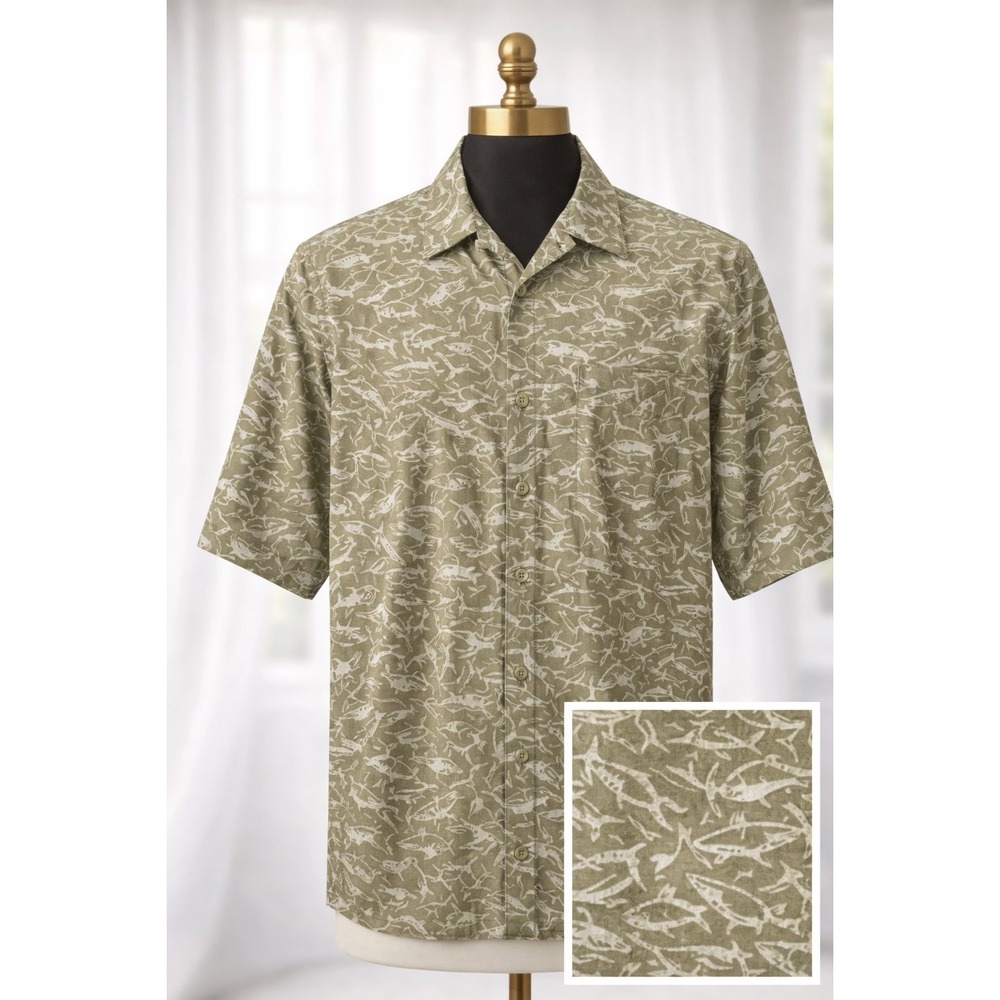 Columbia All‎ Over Fish Print Short Sleeve Tan Neutral Cotton Men's XL